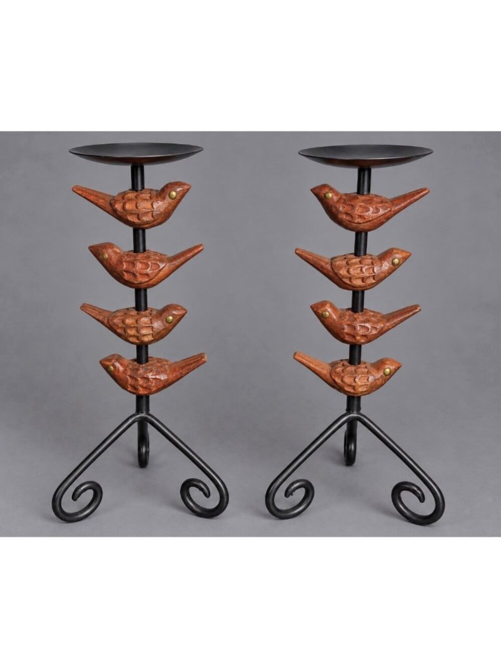PIER 1/One Pair Set of 2 Pillar Candle Holders 13" Black Metal Wooden Birds